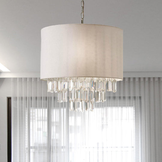 Lustre à tambour en cristal moderne : plafonnier rectangulaire beige avec abat-jour en tissu - 3/4 lumières