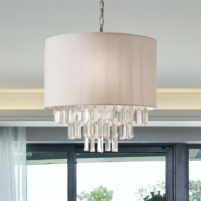 Lustre à tambour en cristal moderne : plafonnier rectangulaire beige avec abat-jour en tissu - 3/4 lumières