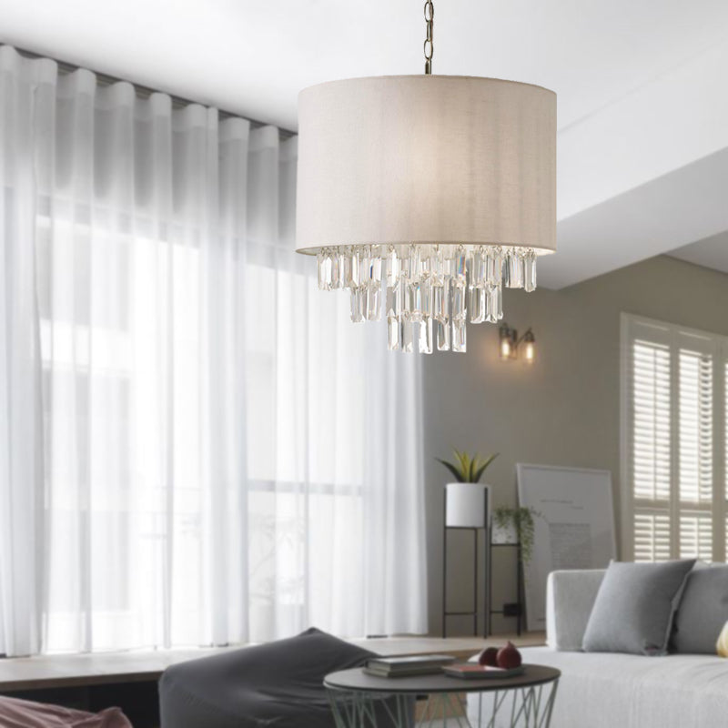 Modern Rectangular-Cut Crystal Drum Chandelier 3/4 Lights Beige Ceiling Lamp With Fabric Shade