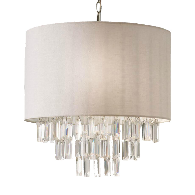 Modern Rectangular-Cut Crystal Drum Chandelier 3/4 Lights Beige Ceiling Lamp With Fabric Shade