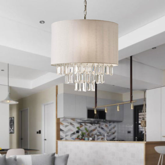 Modern Rectangular-Cut Crystal Drum Chandelier 3/4 Lights Beige Ceiling Lamp With Fabric Shade