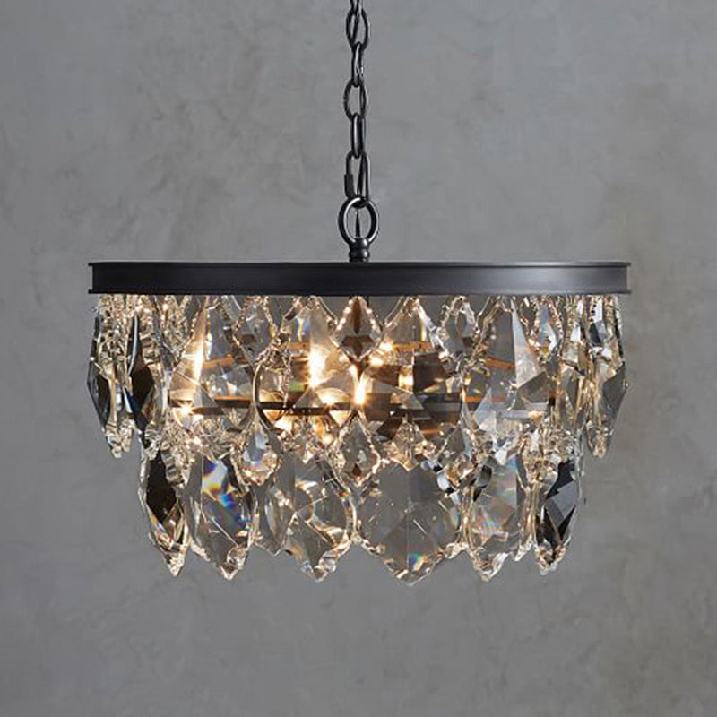 Retro Black/Gold Beveled Glass Crystal Chandelier For Restaurant - 4 Bulbs Circular Pendant Lamp