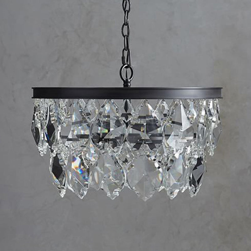 Retro Black/Gold Beveled Glass Crystal Chandelier For Restaurant - 4 Bulbs Circular Pendant Lamp