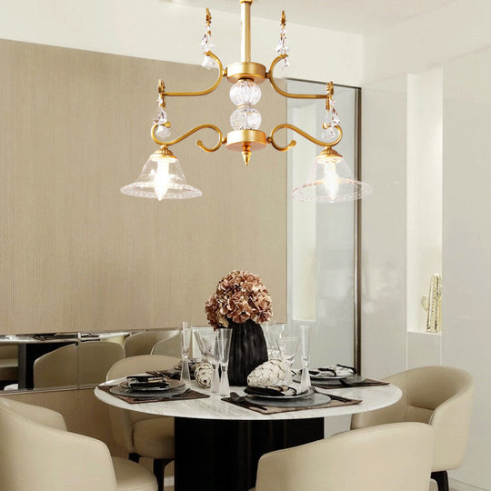 Traditional Gold Bell Hanging Chandelier With Clear Crystal Glass - 2 Lights For Dining Room Ceiling