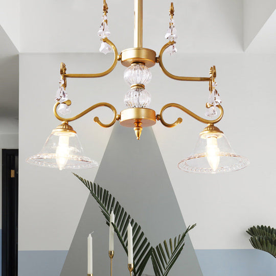 Traditional Gold Bell Hanging Chandelier With Clear Crystal Glass - 2 Lights For Dining Room Ceiling