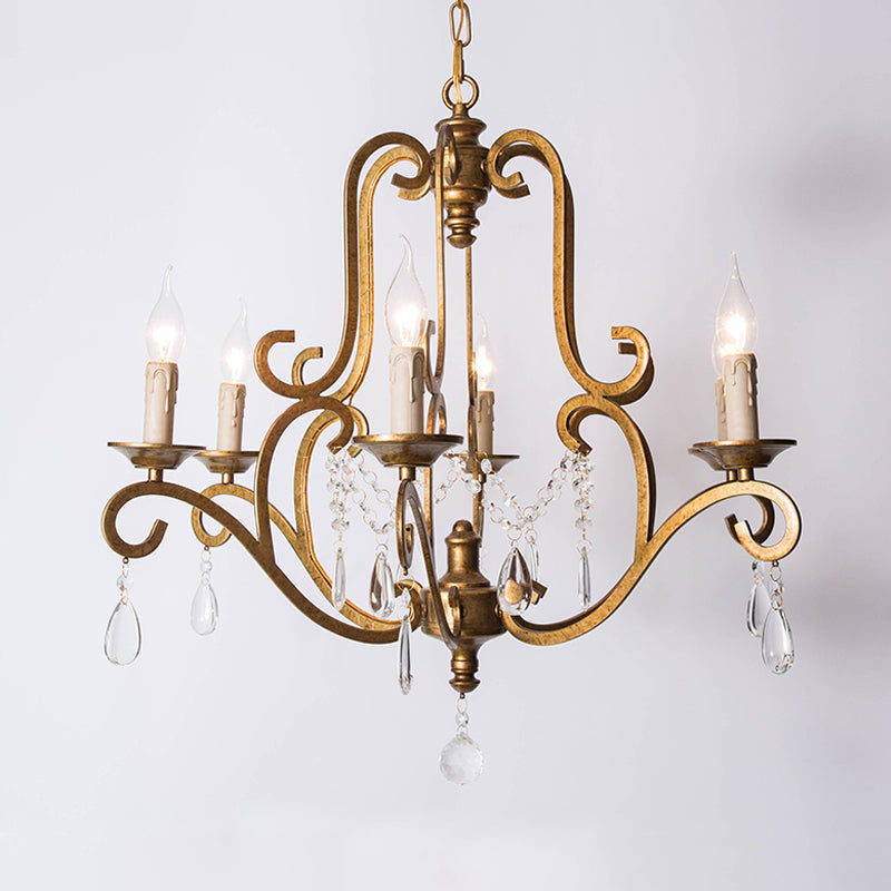 Retro Gold Pendant Chandelier With Crystal Draping - 6 Light Metal Candle Fixture