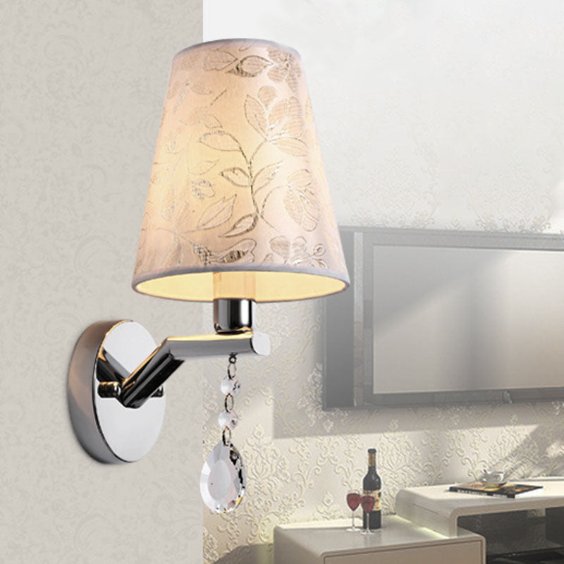 Tapered Fabric Wall Sconce Traditional 1-Bulb White Led With Clear Crystal Drop