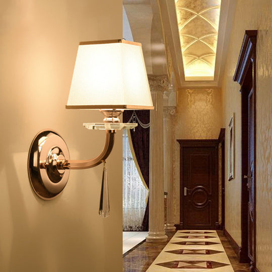 Fabric Led Wall Sconce With Dangling Crystal: Traditional Trapezoid Design White Finish