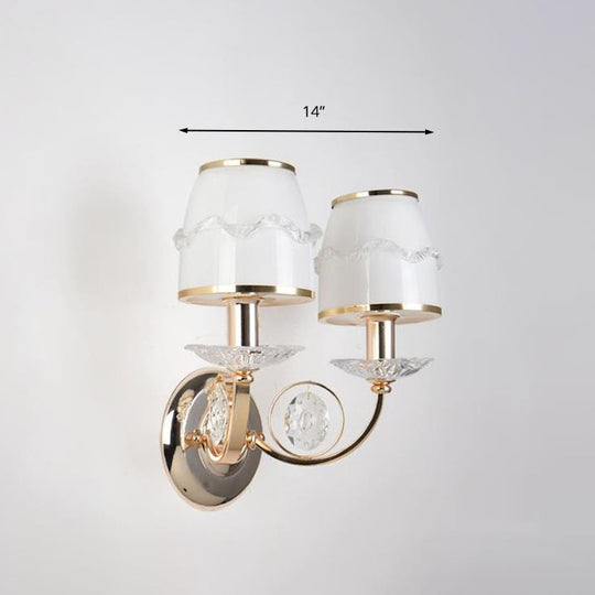 1/2-Bulb Curving Wall Light - Classic White Metal Led Lamp With Crystal Accent