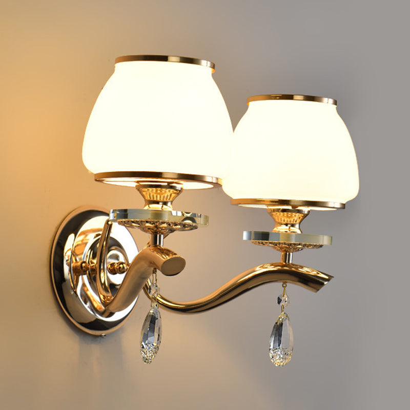 Traditional Dome Sconce With White Glass And Crystal Accent