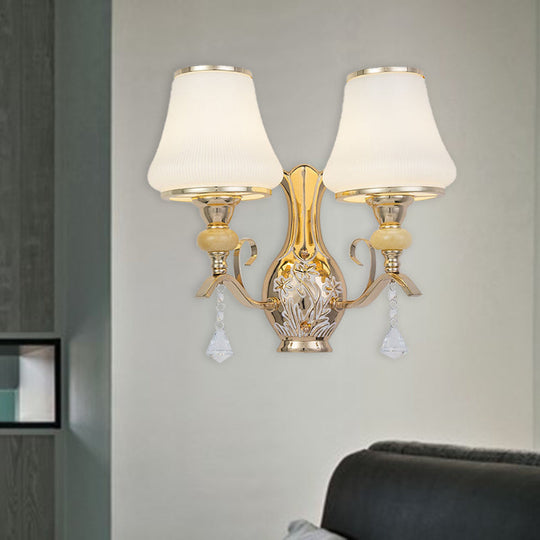 Retro Opal Glass Wall Sconce With Crystal Draping - 2 Heads For Living Room