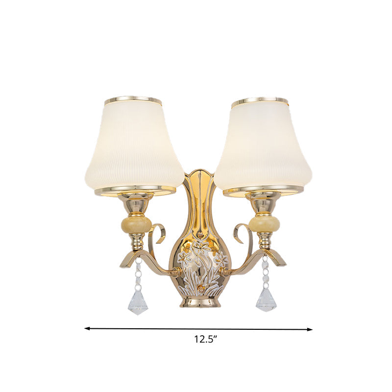 Retro Opal Glass Wall Sconce With Crystal Draping - 2 Heads For Living Room