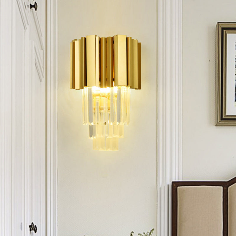 Clear Crystal Led Gold Wall Sconce With 2 Tiered Traditional Heads