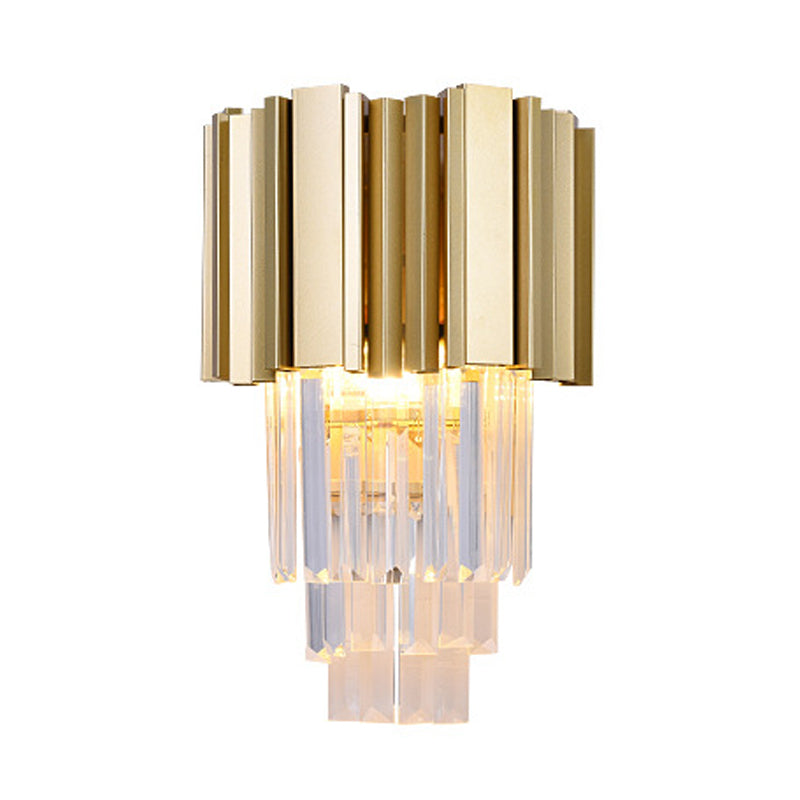 Clear Crystal Led Gold Wall Sconce With 2 Tiered Traditional Heads