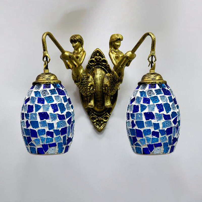 Mediterranean Mermaid Wall Lamp - Hand Cut Glass 2 Lights White/Red/Yellow Sconce Fixture Ocean Blue