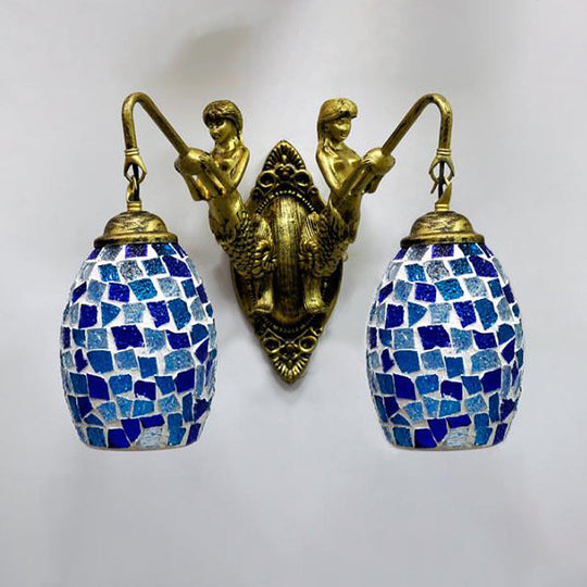 Mediterranean Mermaid Wall Lamp - Hand Cut Glass 2 Lights White/Red/Yellow Sconce Fixture Ocean Blue