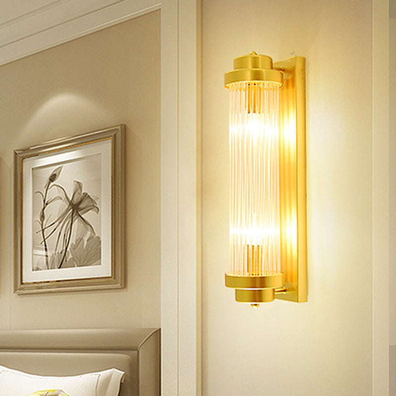 Vintage Gold Cylinder Wall Sconce With Clear Glass And Dual Led Lights For Bedroom / A