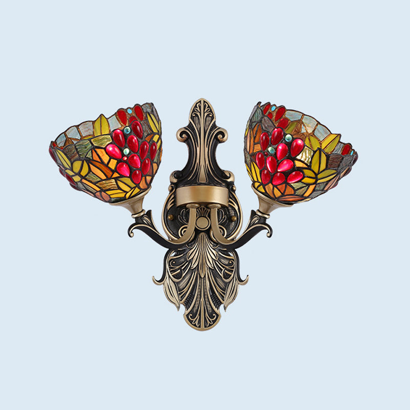 Tiffany Style Cut Glass Wall Sconce With Blossom/Domed Design - White/Red/Yellow 2 Lights Curved Arm