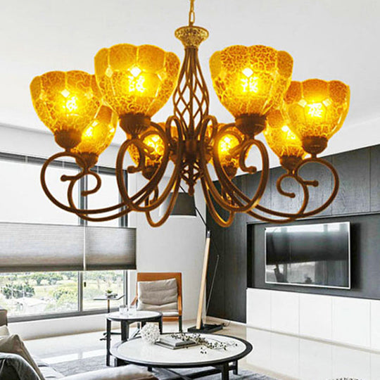 Tiffany Tan Crackle Glass Chandelier - Curved Arm Pendant Lamp With 8 Lights Gold