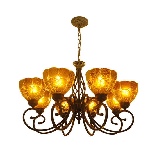 Curved Arm Tiffany Tan Crackle Glass Chandelier - 8 Lights - Gold Pendant Lamp