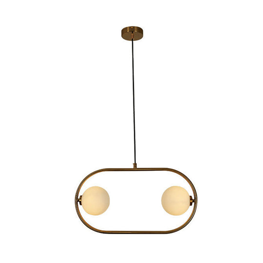 Modernist Dual Head Chandelier Light In Gold With Milk Glass Shades