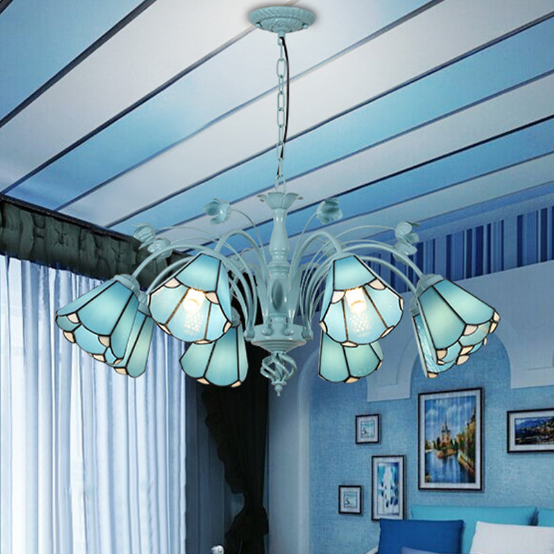 Blue/Dark Blue Conical Chandelier Pendant Light Stained Art Glass Baroque Hanging Lamp Kit - 3/6/8 Lights for Living Room