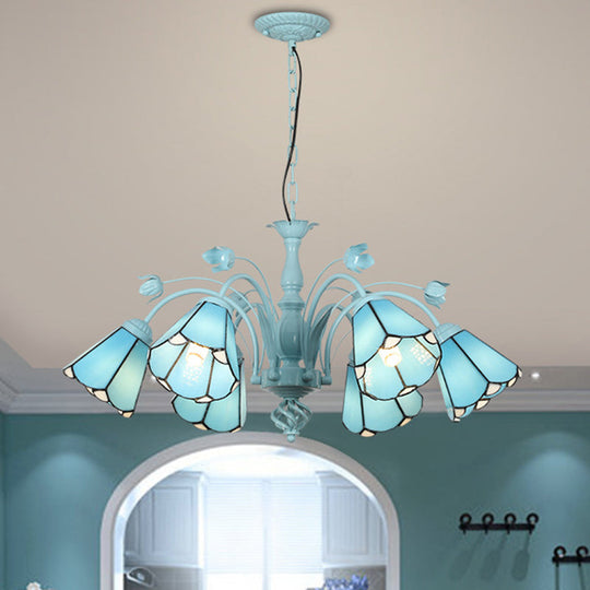 Art Glass Conical Chandelier Pendant Light With 3/6/8 Blue/Dark Blue Lights - Perfect For Living