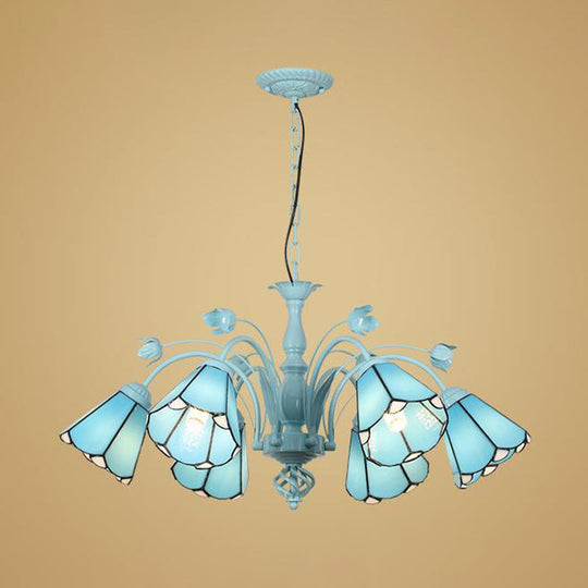 Blue/Dark Blue Conical Chandelier Pendant Light Stained Art Glass Baroque Hanging Lamp Kit - 3/6/8 Lights for Living Room