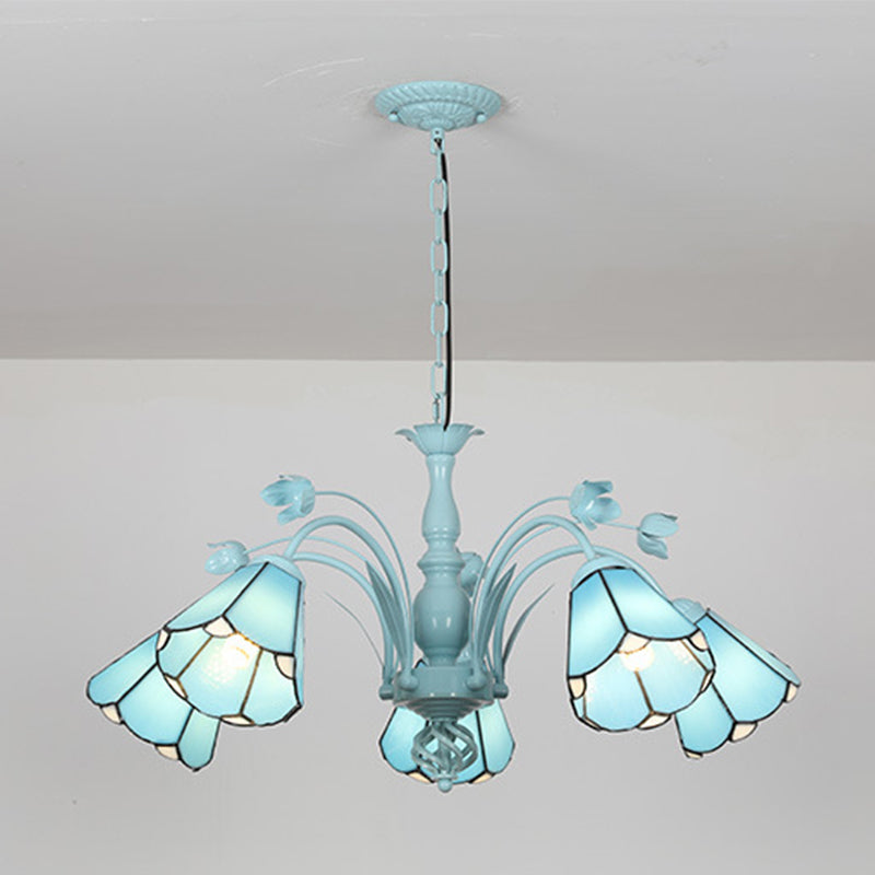 Blue/Dark Blue Conical Chandelier Pendant Light Stained Art Glass Baroque Hanging Lamp Kit - 3/6/8 Lights for Living Room