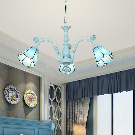 Blue/Dark Blue Conical Chandelier Pendant Light Stained Art Glass Baroque Hanging Lamp Kit - 3/6/8 Lights for Living Room