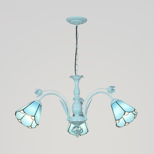 Art Glass Conical Chandelier Pendant Light With 3/6/8 Blue/Dark Blue Lights - Perfect For Living