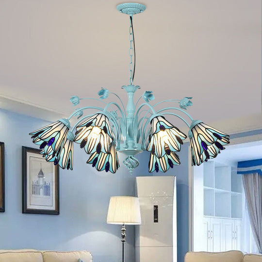 Blue/Dark Blue Conical Chandelier Pendant Light Stained Art Glass Baroque Hanging Lamp Kit - 3/6/8 Lights for Living Room