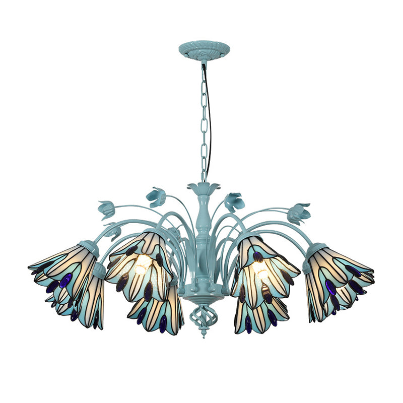 Blue/Dark Blue Conical Chandelier Pendant Light Stained Art Glass Baroque Hanging Lamp Kit - 3/6/8 Lights for Living Room