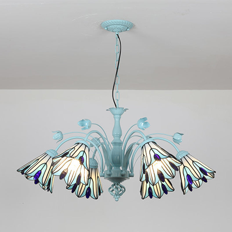 Blue/Dark Blue Conical Chandelier Pendant Light Stained Art Glass Baroque Hanging Lamp Kit - 3/6/8 Lights for Living Room