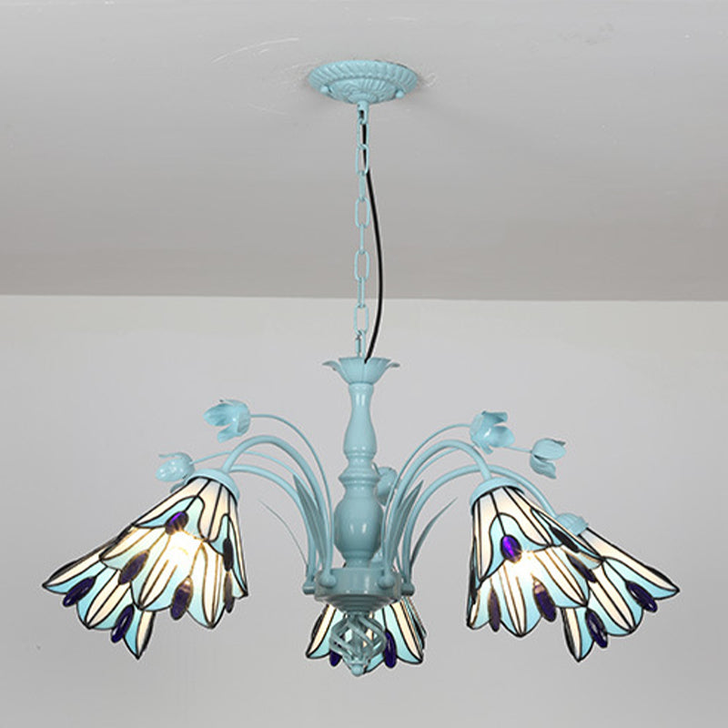 Blue/Dark Blue Conical Chandelier Pendant Light Stained Art Glass Baroque Hanging Lamp Kit - 3/6/8 Lights for Living Room