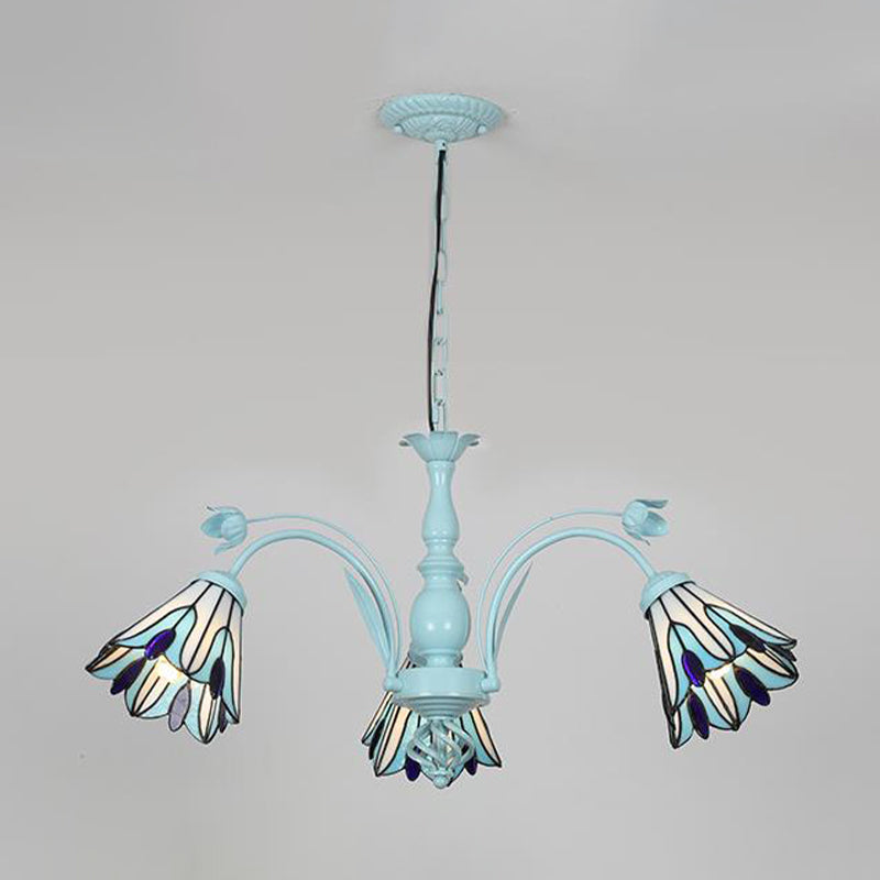 Blue/Dark Blue Conical Chandelier Pendant Light Stained Art Glass Baroque Hanging Lamp Kit - 3/6/8 Lights for Living Room