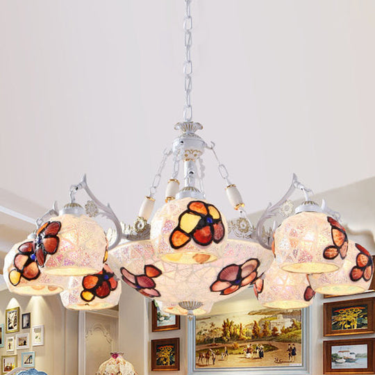 Tiffany Stained Glass Flower Chandelier Pendant Light Fixture - 5/9/11 Lights, White Ceiling Mount