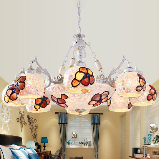 Tiffany Stained Glass Flower Chandelier Pendant Light Fixture - 5/9/11 Lights, White Ceiling Mount