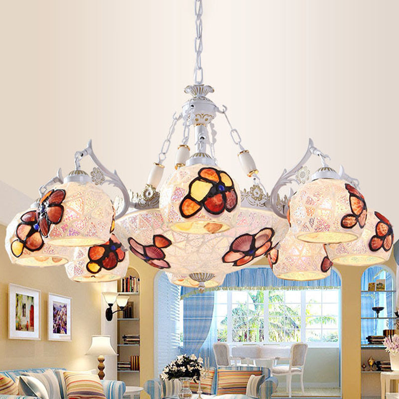 Tiffany Stained Glass Flower Chandelier Pendant Light Fixture - 5/9/11 Lights, White Ceiling Mount