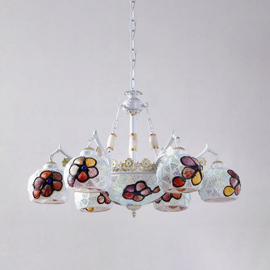 Tiffany Stained Glass Flower Chandelier - White Ceiling Pendant Light Fixture With 5/9/11 Artful