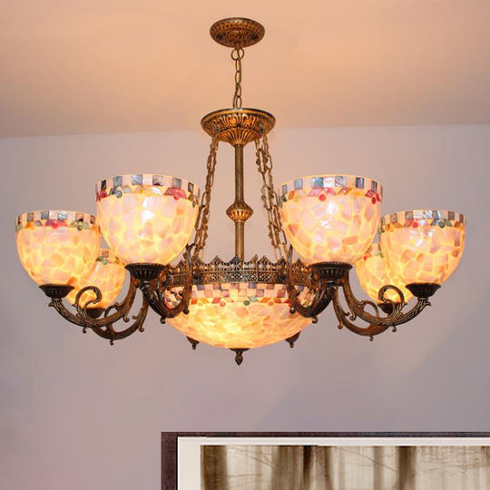 Tiffany-Style Shell Domed Ceiling Chandelier with Adjustable Beige Suspension - 5/9/11 Lights for Bedroom