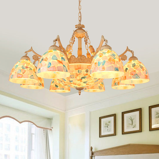 Tiffany Mosaic Pendant Chandelier With 9/11 Lights Shell Design - Beige Ideal For Living Room