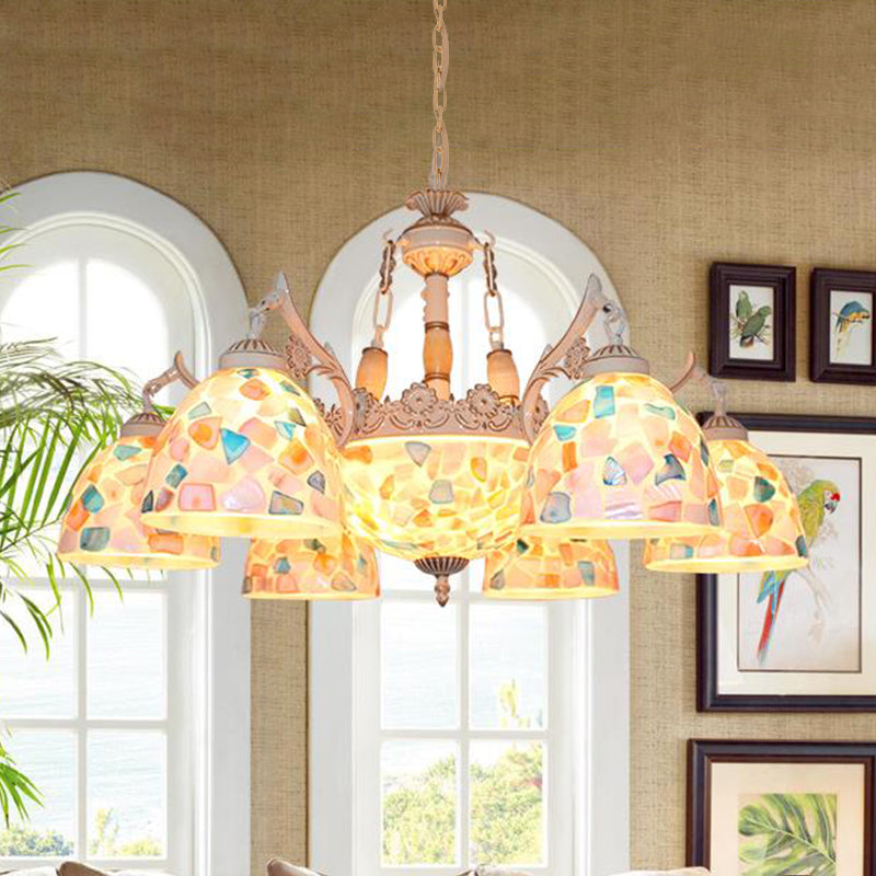 Tiffany Mosaic Pendant Chandelier - 9/11 Lights Shell Hanging Ceiling Light - Beige - Living Room