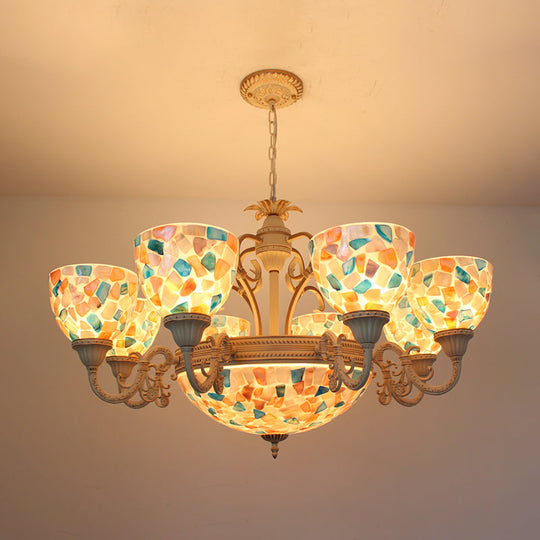 Tiffany Mosaic Pendant Chandelier - 9/11 Lights Shell Hanging Ceiling Light - Beige - Living Room