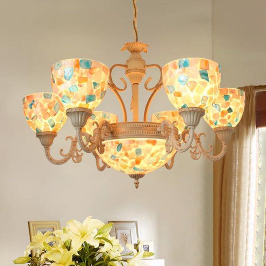 Tiffany Mosaic Pendant Chandelier - 9/11 Lights Shell Hanging Ceiling Light - Beige - Living Room