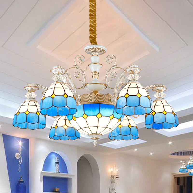 Tiffany Stained Glass Blue Chandelier Pendant Light with Grid Pattern - 5/9/11 Lights