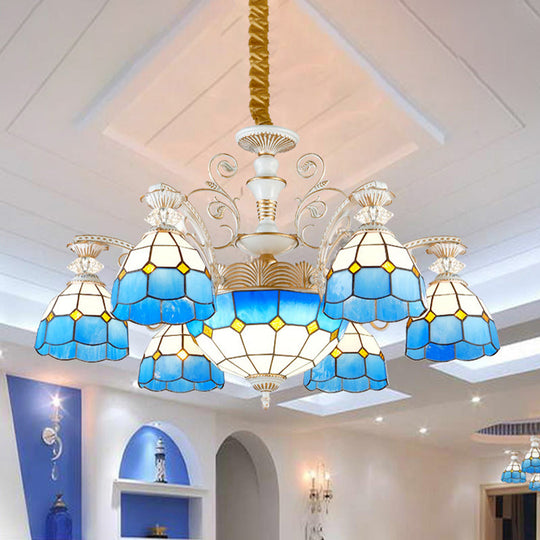 Tiffany Stained Glass Blue Chandelier Pendant Light with Grid Pattern - 5/9/11 Lights