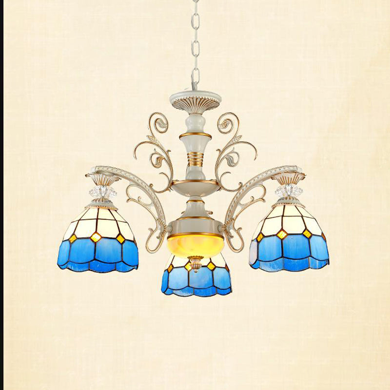 Blue Stained Glass Chandelier Pendant Light - Tiffany Style Ceiling Lamp With Grid Pattern 5/9/11