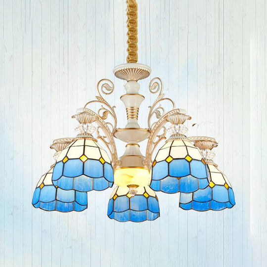 Tiffany Stained Glass Blue Chandelier Pendant Light with Grid Pattern - 5/9/11 Lights