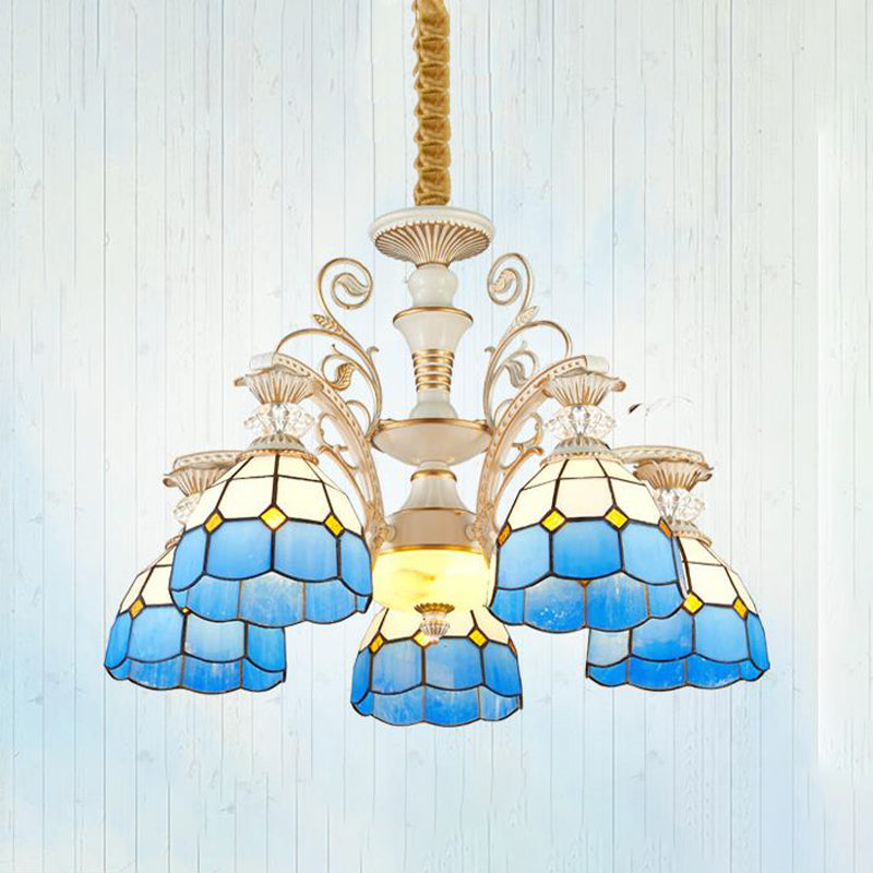 Blue Stained Glass Chandelier Pendant Light - Tiffany Style Ceiling Lamp With Grid Pattern 5/9/11